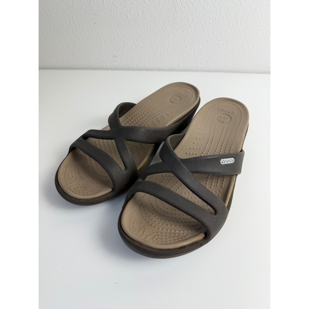 Crocs Patricia II Wedge Slide Sandals Women's 8 Brown Strappy Slip On Shoes